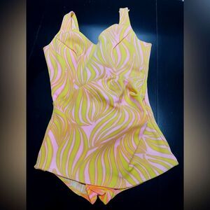 Vintage ladies retro psychadelic pink yellow swimsuit w skirt approx sz 10-12
